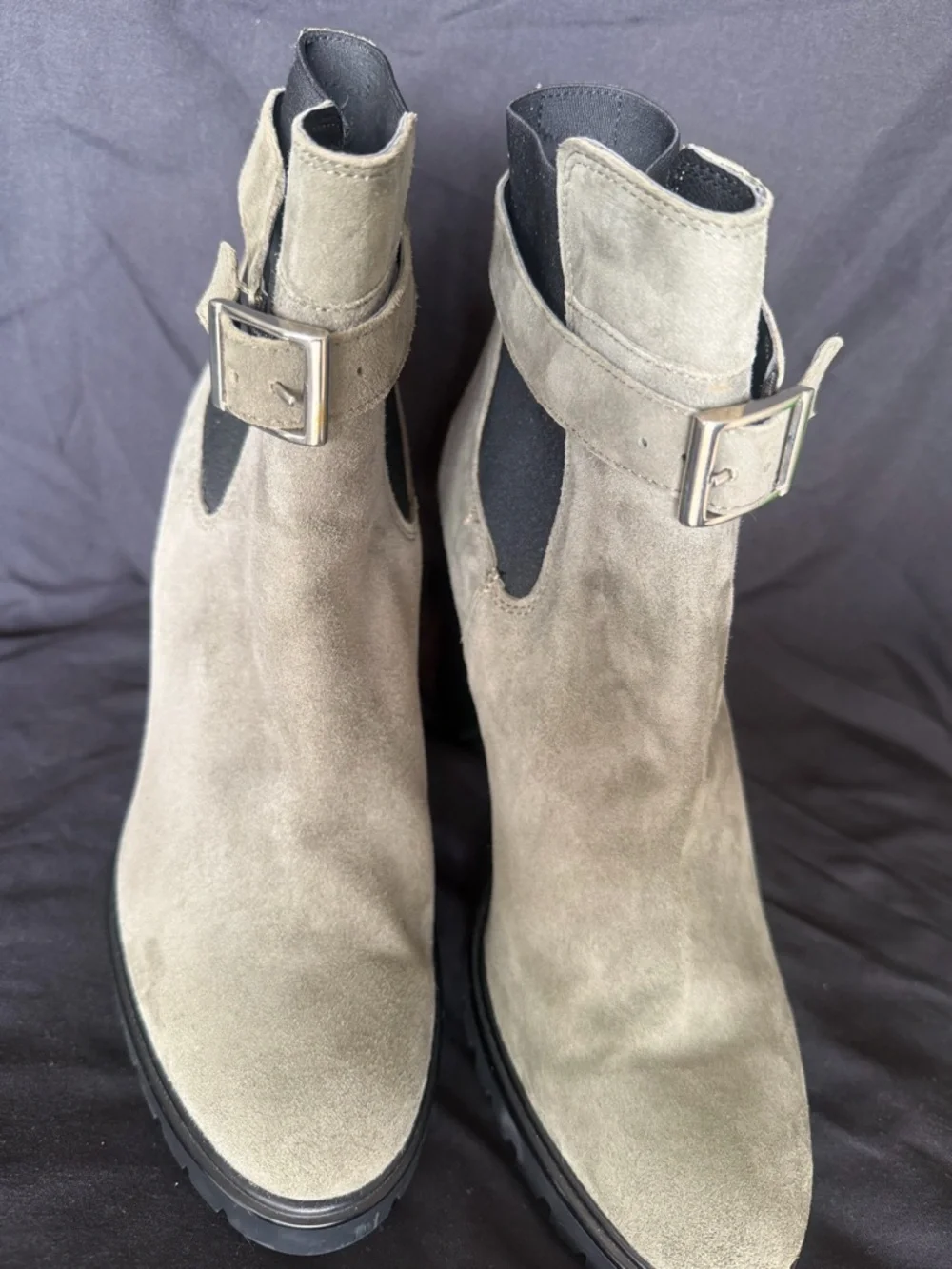 Barneys New York Taupe Suede Buckle Chelsea Ankle Boots